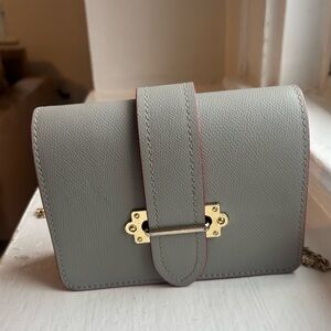 Italian Leather Structured Crossbody Bag – Grey with Red Lining & Gold Hardware